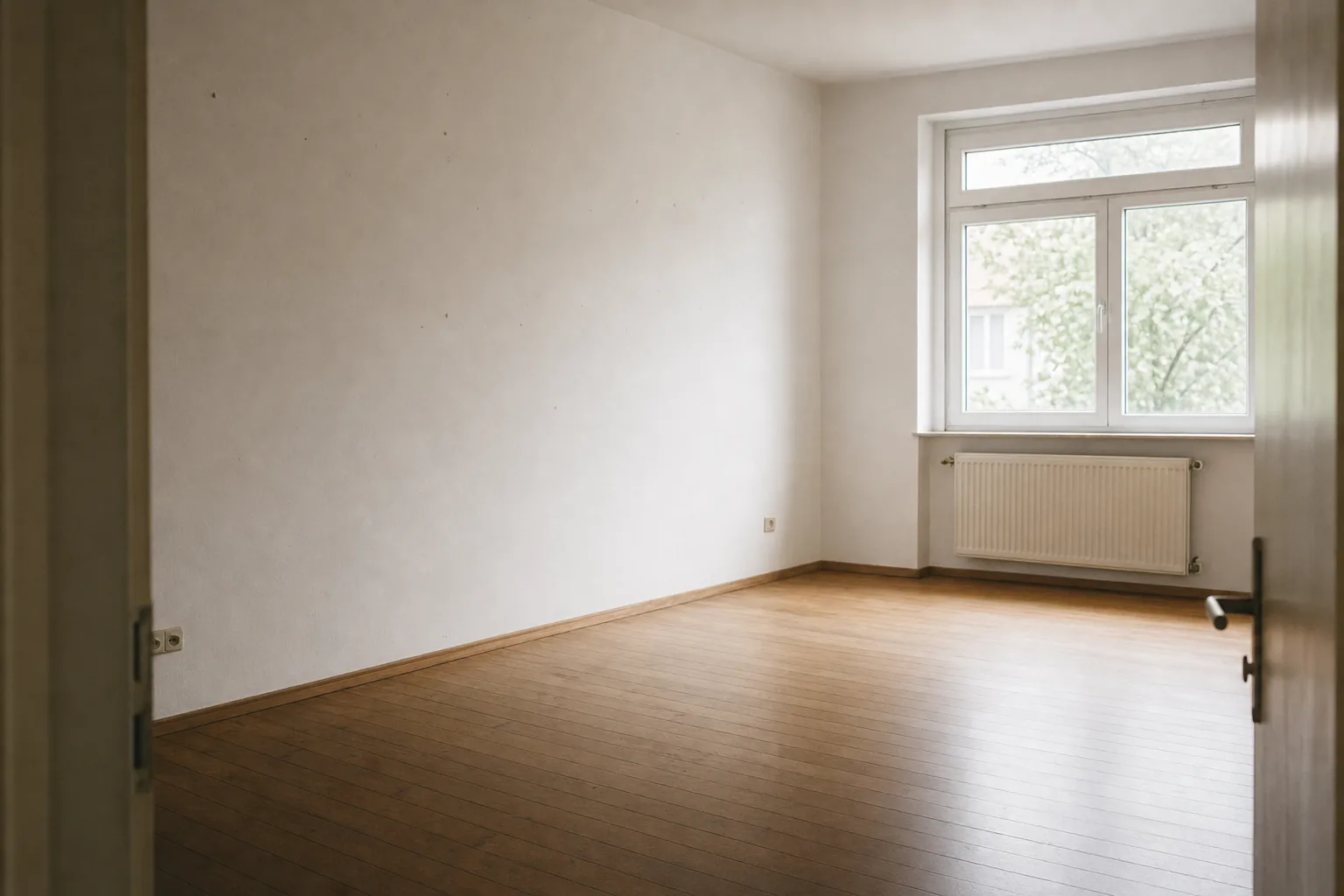 Vollständig leergeräumtes Zimmer mit gefegtem Dielenboden