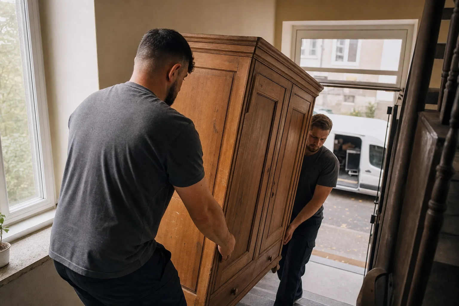 Zwei Mitarbeiter tragen einen alten Schrank aus einem Treppenhaus zum Transporter