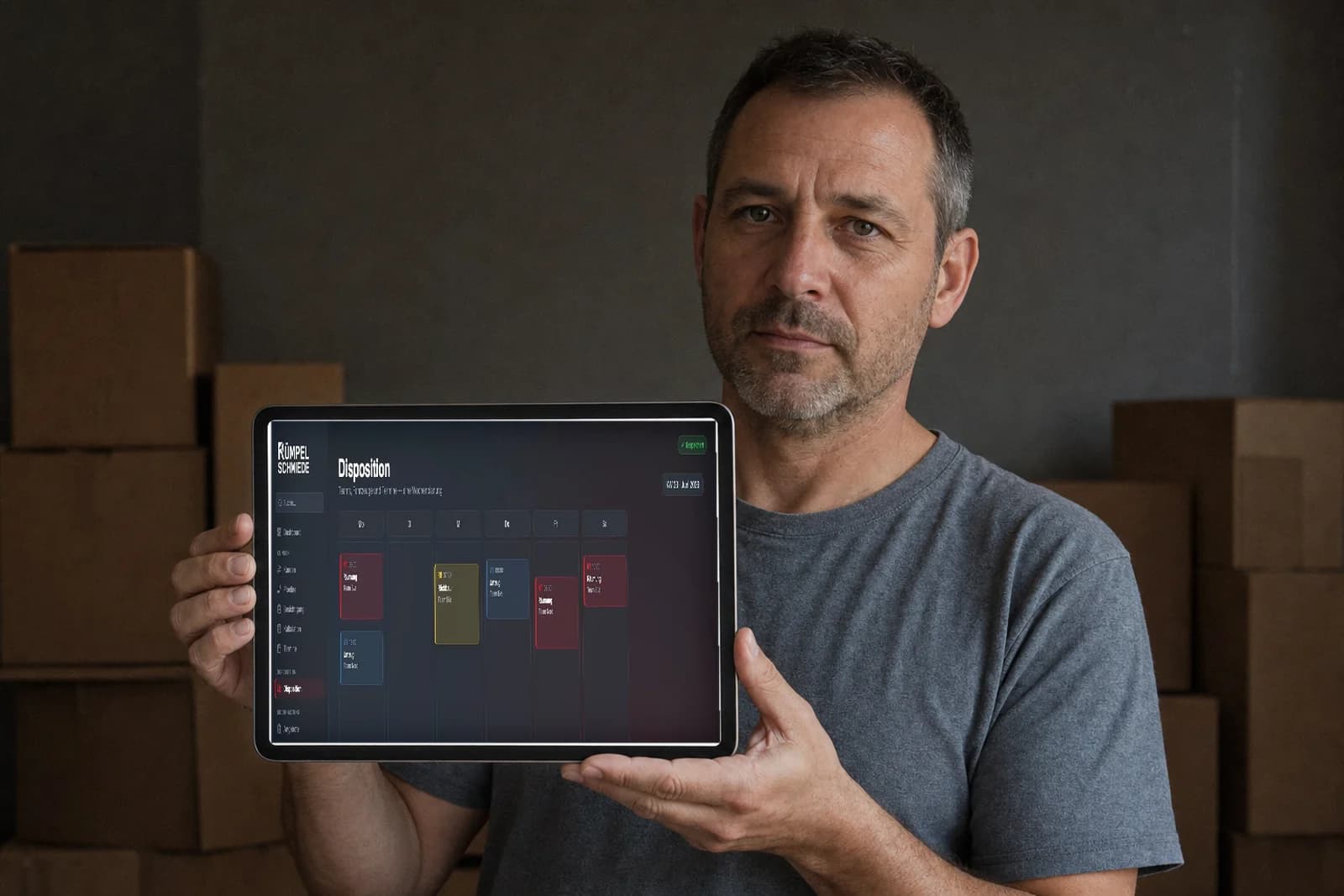 Mitarbeiter eines Entrümpelungsbetriebs hält ein Tablet mit der Wochenplanung des CRM